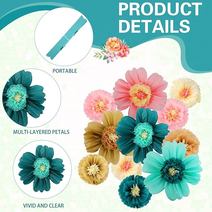 Crowye 12 Pcs Large Colorful Tissue Paper Flowers Decorations 20" Giant Fiesta Craft Crepe Paper Flowers for Wall Decor Backdrop Mexican Wedding Birthday Carnival Party (Stylish Color)
