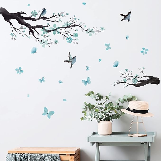 Watercolor Blue Flower Wall Stickers,Removable DIY Romantic Blossom Bird Tree Branch Wall Murals 3D Wall Art Stickers Home Decor for Gilrs Bedroom Nursery Rooms Living Room