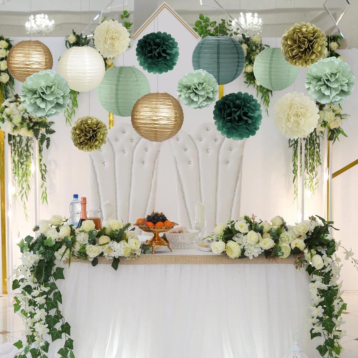 zilue Sage Green Party Decorations, Sage Green Paper Lanterns and Pom Poms Flowers for Birthday Party Baby Shower Wedding Shower Decor Gold/Ivory/Sage Green 15pcs