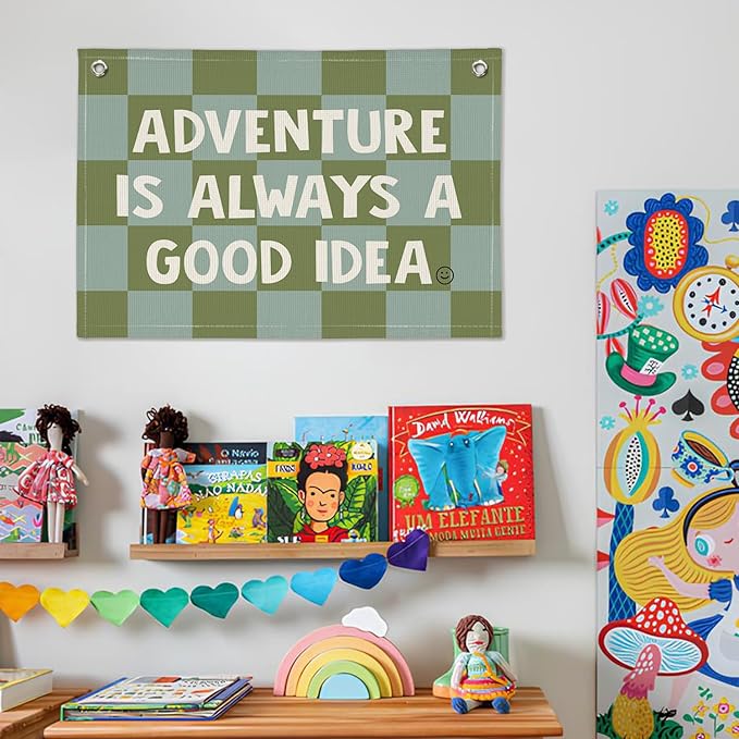Adventure Camp Banner, Sage Green Boys Room Playroom Decor, Wall Hanging Canvas Banner Flag Decor for Toddler Boy Room Nursery