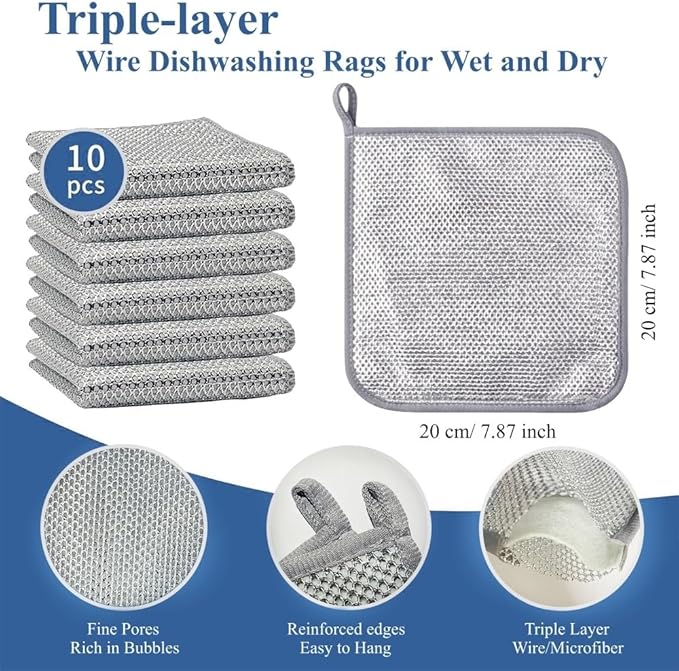 10-Pack Non Scratch Wire Dishcloths - 7.87"x7.87" Multipurpose Steel Dishwashing Rags for Wet and Dry, Metal Scrubbing Sponge Pads Towels for Home Kitchen Dishes, Stoves, Sink Cleaning