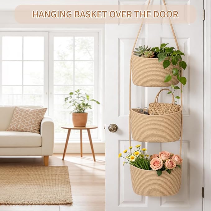 Goodpick 3-Tier Hanging Basket Over the Door, Cotton Rope Wall basket, Hanging Nursery Decor for Organizing, Jute