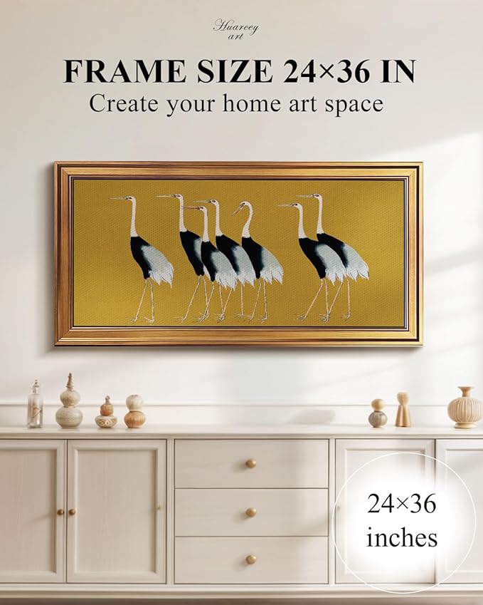 HUARCEY Gold Framed Vintage Wall Art for Living Room, Animals Painting Prints Shelf Decor for Kitchen, Aesthetic Bedroom Wall Art Decor, Christmas Gifts for Friends or Family (Seven Cranes 20"x40")