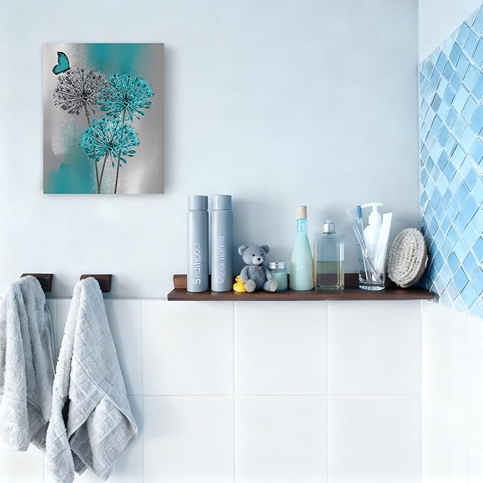 LB Teal Dandelion Canvas Wall Art Teal Grey Dandelion with Butterfly on Modern Abstract Wall Art Aesthetic Wall Decor for Living Room Bedroom Bathroom Office, Framed Ready to Hang 16Lx12W