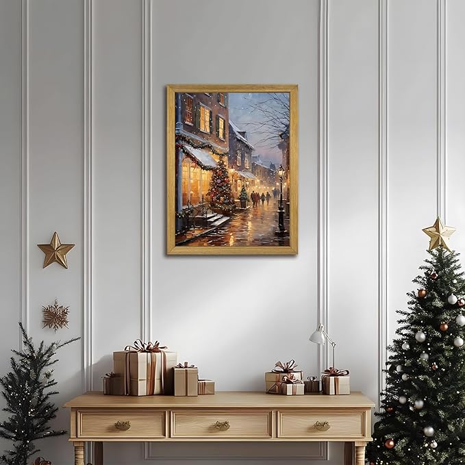 Vintage Christmas Wall Art 16x24 Inch, Wood Framed Winter Snow Street Canvas Print Picture, Rustic Holiday Christmas tree Wall Decor Oil Painting for Living Room Bedroom Kitchen