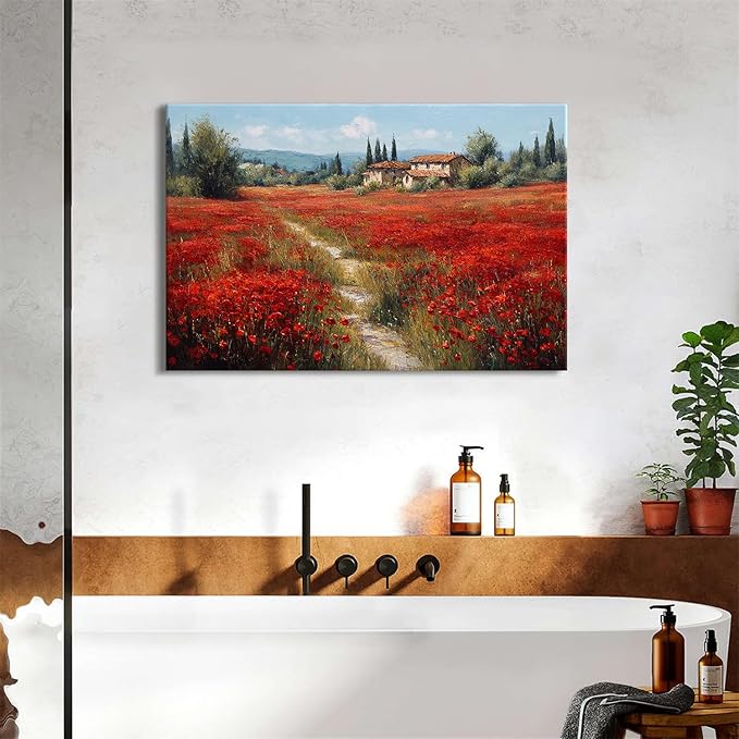 Red Poppy Wall Art Abstract Flowers Landscape Canvas Wall Decor Nature Wildflower Paintings Pictures Rural Floral Field Scenery Posters Farmhouse Artwork for Bedroom Bathroom Home Decorations 24x36"