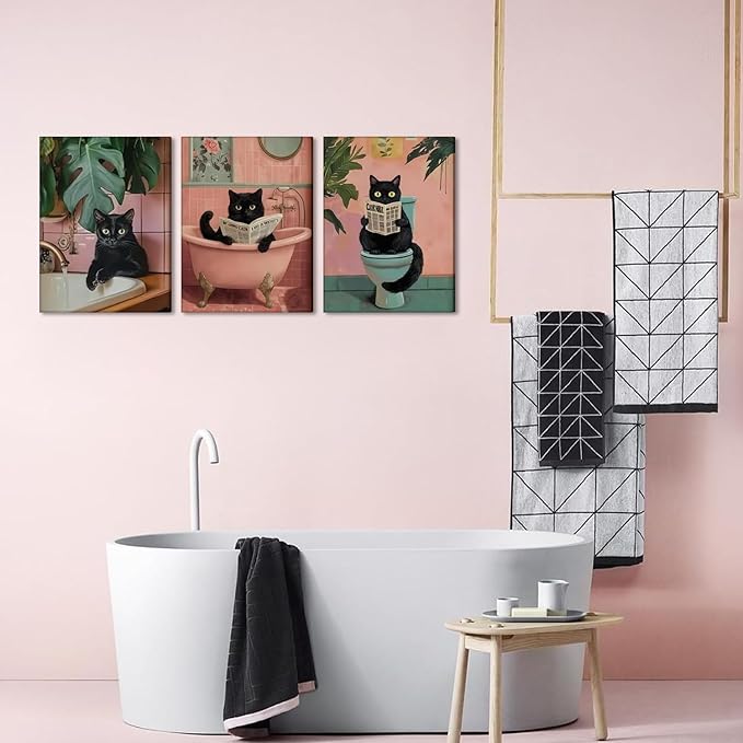 Funny Pink Bathroom Cat Wall Art Painting Set of 3 Maximalist Cute Black Cat Bathroom Wall Decor, Eclectic Animal Restroom Poster Canvas Prints Pictures 12x16 inch Framed