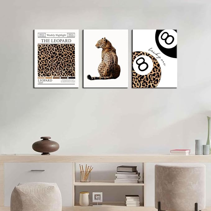 Set of 3 Trendy Leopard Canvas Wall Art Funky Lucky 8 Ball Posters Prints Preppy Room Aesthetic Cheetah Wall Decor Pictures for Girly Bedroom Apartment Dorm 12x16in