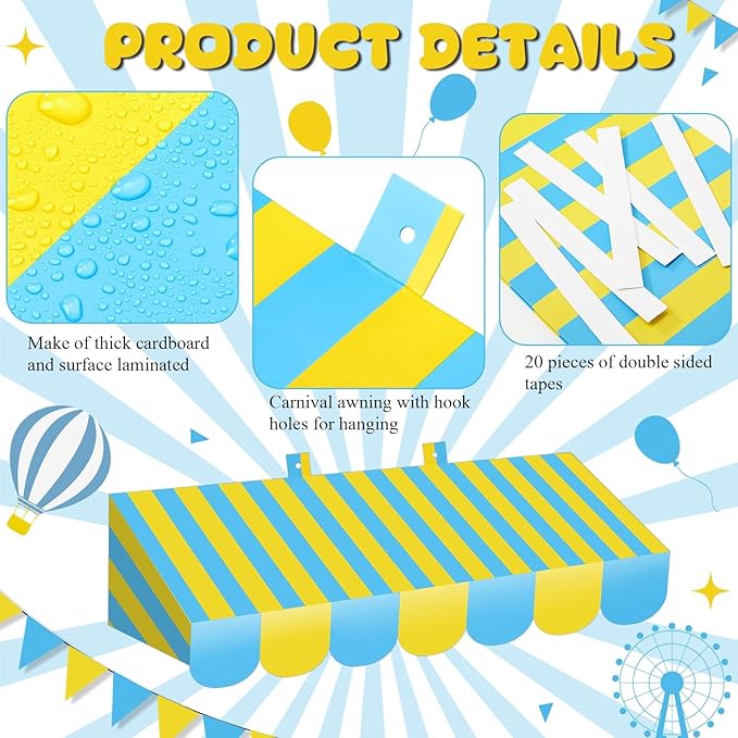 Tallew 4 Pcs 3D Circus Awning Wall Decoration Carnival Awning for Halloween Carnival Theme Party Classroom Decorations(Blue and Yellow)