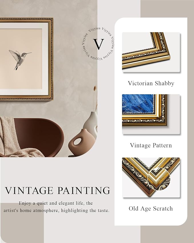 VIYYIEA Gold Framed Elegant Hummingbird Sketch Canvas Wall Art, Vintage Nature Illustration, Minimalist Cream Background Decor | No-Glass Design, Lightweight Anti-Glare Construction | 16x20 Inch