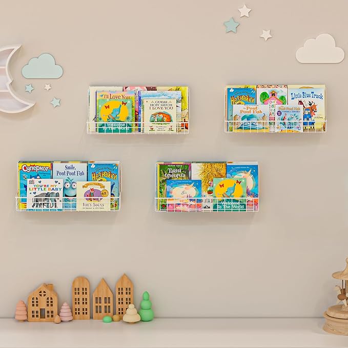 6-Pack White Floating Nursery Book Shelves , Metal Wall Mounted Storage book Shelves for Kids Bedroom, Toddler Room, Baby Nursery Decor, Space-Saving Display Shelves for Books & Toys - 2 Sizes