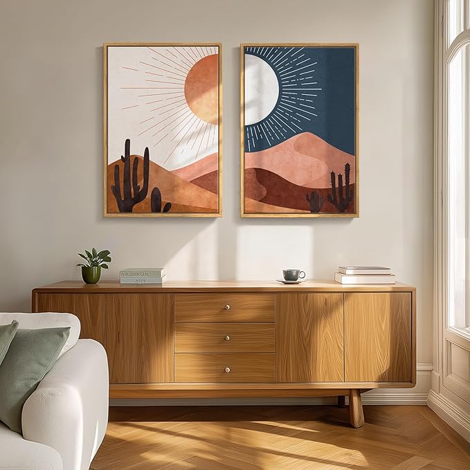 Large Framed Boho Desert Wall Art for Living Room, Set of 2 Sun and Moon Cactus Landscape Artwork, Mid Century Modern Bohemian Paintings Prints for Bedroom Home Office Hallway Wall Decor, 24x36 Inch