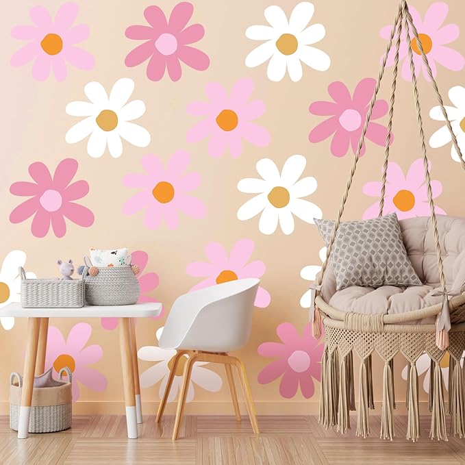 TaoBary 12 Sheet Daisy Wall Sticker Decal Removable Cute Daisy Bedroom Room Decor Flower Wall Sticker Pink White Flower Decal Wallpaper Peel and Stick for Nursery Home(Classic Color,Delicate Style)