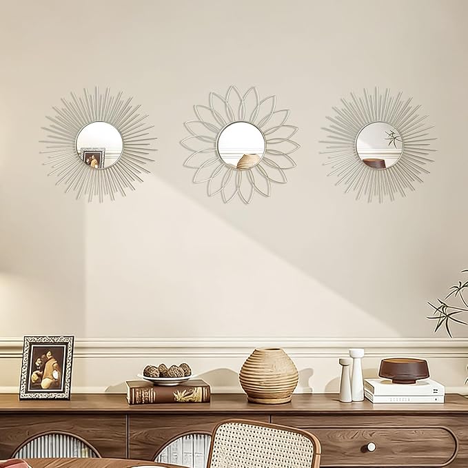 3 Pack Metal Mirrors for Wall Sunburst Wall Mirrors Home Décor Decorative Hanging Wall Art for Living Room Bedroom Entryway (Silver2, Flower+Sunburst)