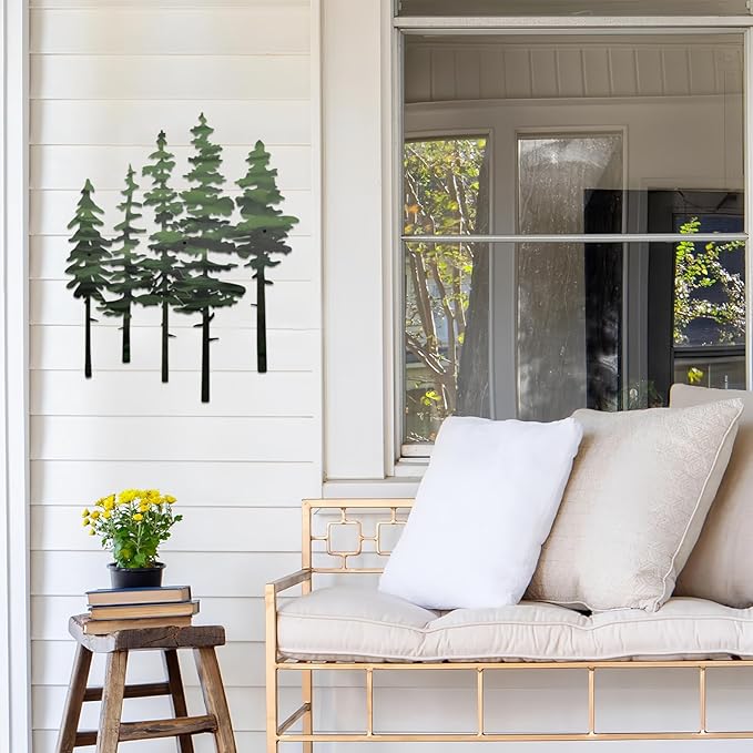 ESTART Metal Pine Tree Wall Art, Metal Tree Wall Decor, Nature Rustic Farmhouse Cabin Decor, Forest Wall Art for Home Living Room Bedroom Office Indoor and Outdoor Decoration (Green)
