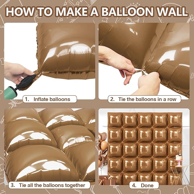 NISOCY Thanksgiving Fall Balloons 25PCS Brown Square Foil Balloons Wall Backdrop Double Sided Brown Balloon Tunnel Arch Kit for Birthday Wedding Graduation Baby Bridal Shower Party Decorations