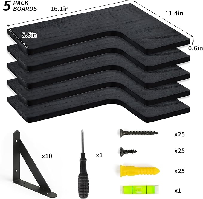Fixwal Floating Shelves for Wall, Rustic Wood Wall Mounted Corner Shelf for Bathroom, Kitchen, Bedroom, Home Decor, Laundry Room, Living Room, Set of 5 (Black)