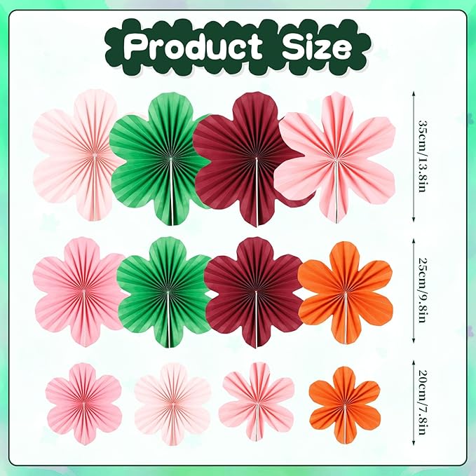 BestoFun 12 PCS Paper Flowers Fans Red Green and Pink Party Decorations Paper Flowers Decorations for Wall Girl Groovy Birthday Baby Shower Wedding Bachelorette Room Hanging Décor