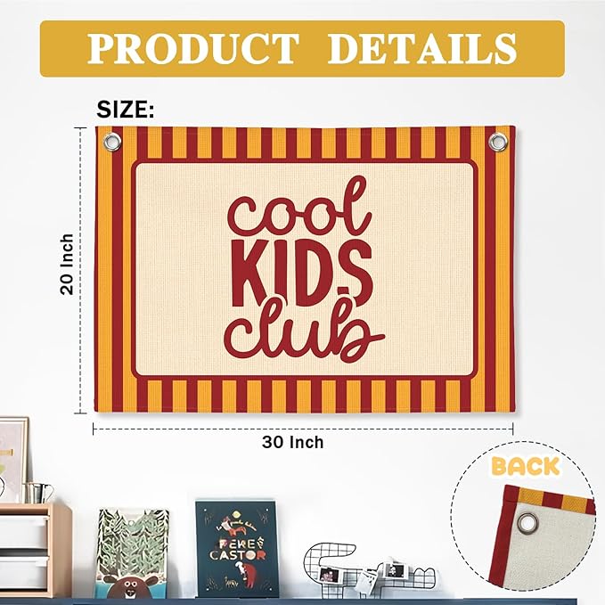 Boys Room Decor,Cool Kids Club Linen Canvas Banner, Orange Striped Wall Hanging,Playroom Decor Wall Flag Banner for Kids Room Nursery Toddler Boy Bedroom Classroom,Baby Shower Gifts 30x20 Inch