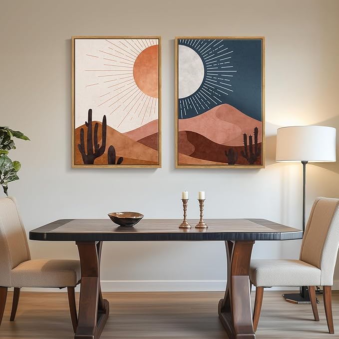 Large Framed Boho Desert Wall Art for Living Room, Set of 2 Sun and Moon Cactus Landscape Artwork, Mid Century Modern Bohemian Paintings Prints for Bedroom Home Office Hallway Wall Decor, 24x36 Inch