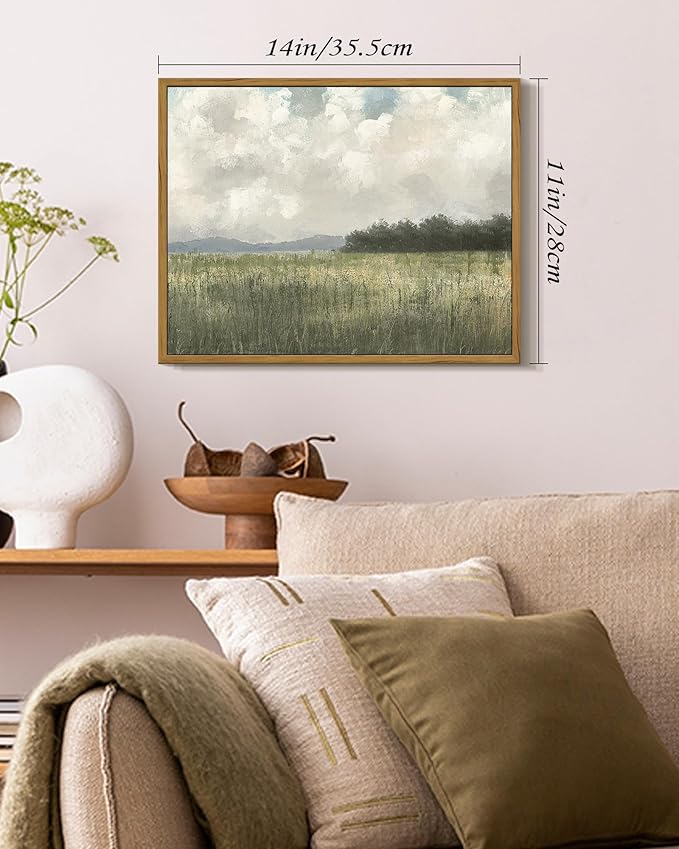 SHENIFY Vintage Landscape Framed Wall Art Country Meadow Scenery Farmhouse Decor Retro Painting for Living Room Bedroom Ready to Hang Wall Artwork - 11x14in Natural Framed