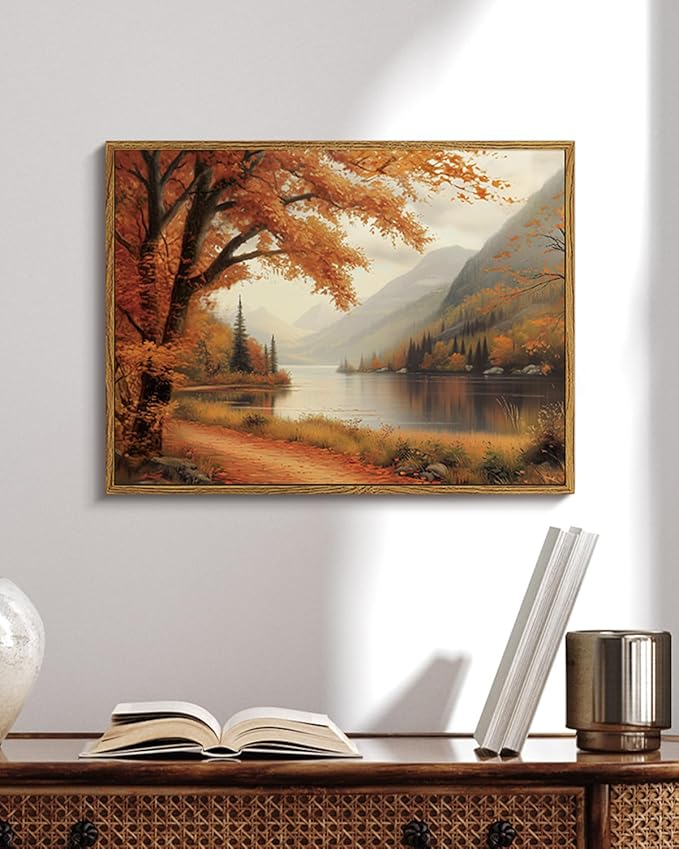 WHASAYART Vintage Fall Tranquil Nature Forest Landscape Wall Art 12x16, Framed Autumn Mountain Path Lake Scenic Canvas Painting Print, Rustic Artwork Farmhouse Bathroom Bedroom Entryway Décor