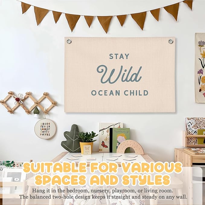 Nursery Wall Decor,Stay Wild Ocean Child Coastal Linen Canvas Banner, Nursery Decor Hanging Flag Kids Room Playroom Nursery Wall Art, Retro Classroom Coastal Room Decor, 30x20 Inch