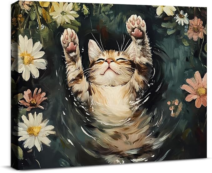 Aesthetic Sleeping Cat Wall Art Decor Cat on Lily Pond Cute Canvas Print Poster Framed Painting for Home Living Room Bedroom Wall Decor 8x10 Inch