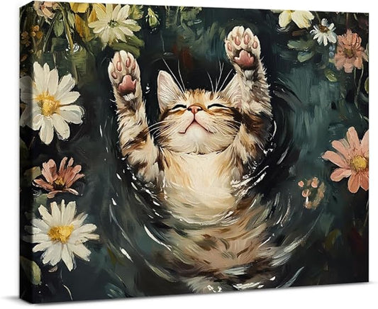 Aesthetic Sleeping Cat Wall Art Decor Cat on Lily Pond Cute Canvas Print Poster Framed Painting for Home Living Room Bedroom Wall Decor 8x10 Inch