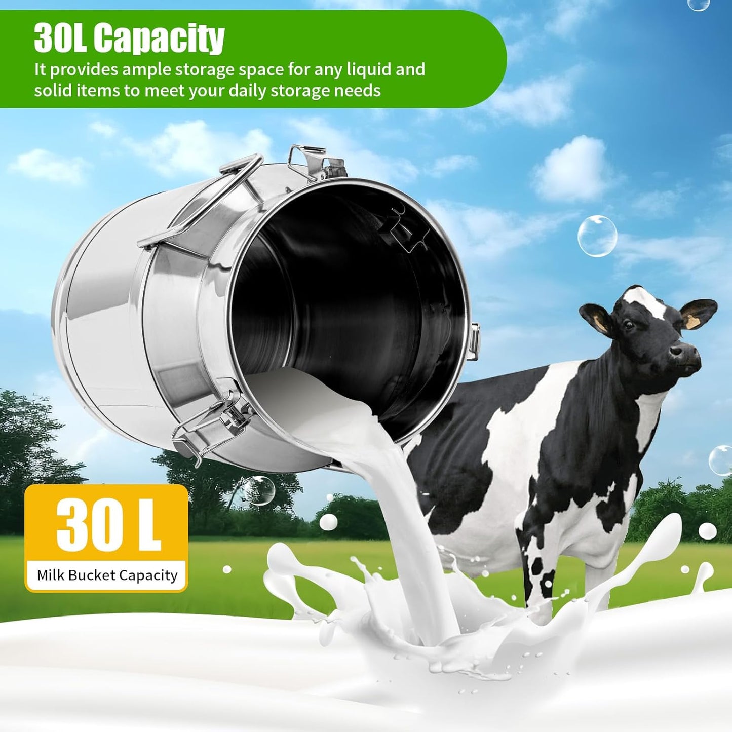 Stainless Steel Milk Can, 30L/7.9 Gallon Heavy Duty Airtight Storage Canister Milk Bucket with Lid, Embedded Silicone Milk Jug Wine Pail Water Cereals Bucket with Three Latches and Two Handles