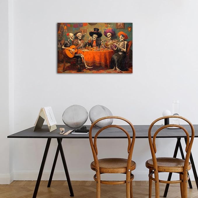 Halloween Canvas Wall Art Skull Wall Decor Skeletons Party Canvas Prints Pictures Mexican Day of the Dead Festival Posters Gothic Painting for Living Room Bedroom Kitchen Home Decorations 16x24"