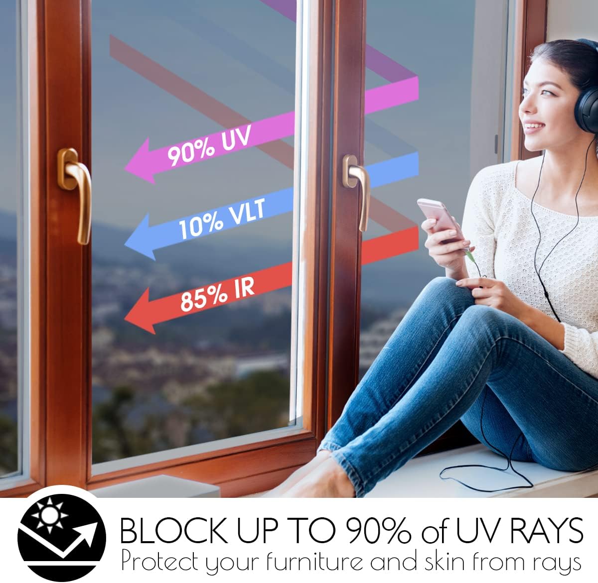 HIDBEA One Way Privacy Window Film, Daytime Mirror Reflective Heat Control UV Sun Blocking Non-Adhesive Static Cling Window Tint for Home and Office (Black-Silver, 23.6 Inch x 13.1 Feet)