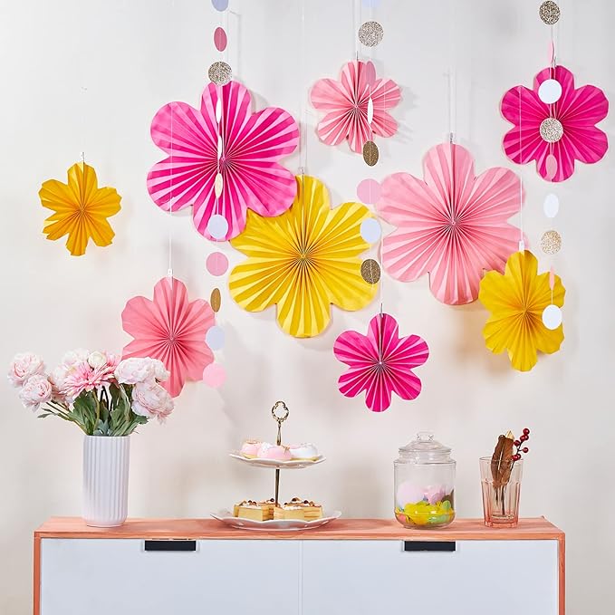 SUNBEAUTY Paper Flowers Decorations for Wall, Paper Flower Fan Classroom Decoration Paper Floral Backdrop Decor Paper Fans Decoration Hanging Paper Fans Pink Yellow Flower Wall Decor