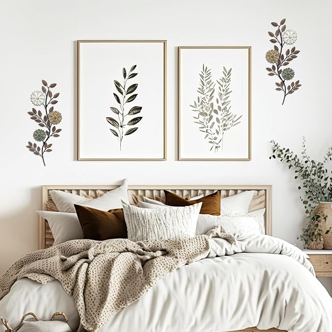 MorningRo 2 Pcs Metal Flower Leaves Wall Art, 15.75 Inch Spring Wall Decor, Vintage Leaf Wall Hanging, Rustic Wall Decor for Holiday Indoor Outdoor (Brown)