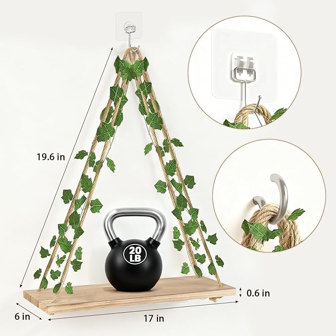 RICHER HOUSE Floating Shelves for Wall, Set of 2 Macrame Hanging Shelf with Artificial Ivy & LED Lights, Boho Room Decor for Bedroom Living Room