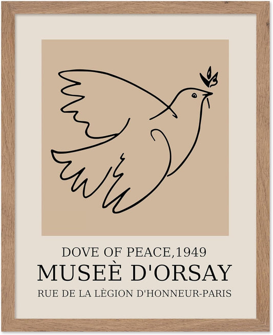 Poster Master Vintage Poster - Retro Minimalist Print - Gift for Artist, Friend - Dove Of Peace, Line Drawing, Sketch, Abstract - Wall Decor for Living Room, Bedroom, 8x10 Beige Framed