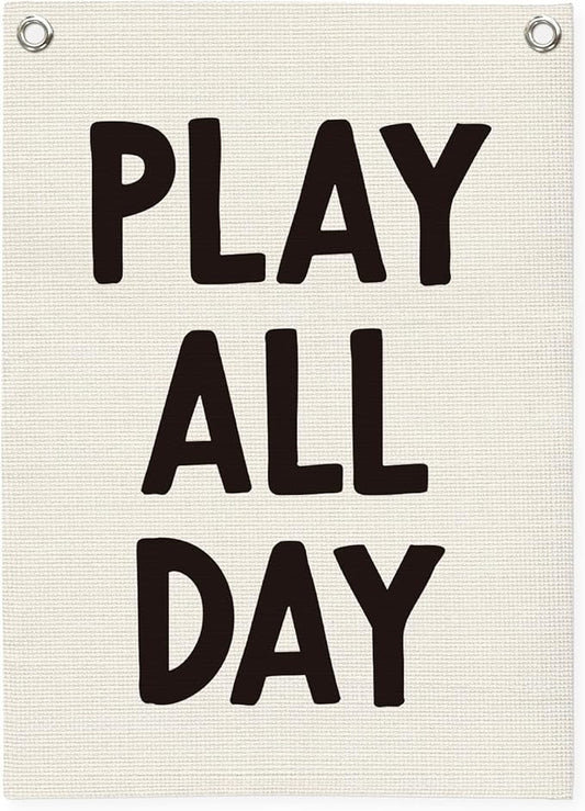 Playroom Wall Decor Linen Canvas Banner,Play All Day Wall Hanging Flag Banner for Kids Nursery and Playroom Wall Decor,Stylish Room Decor for Boys and Girls 18x25 Inch