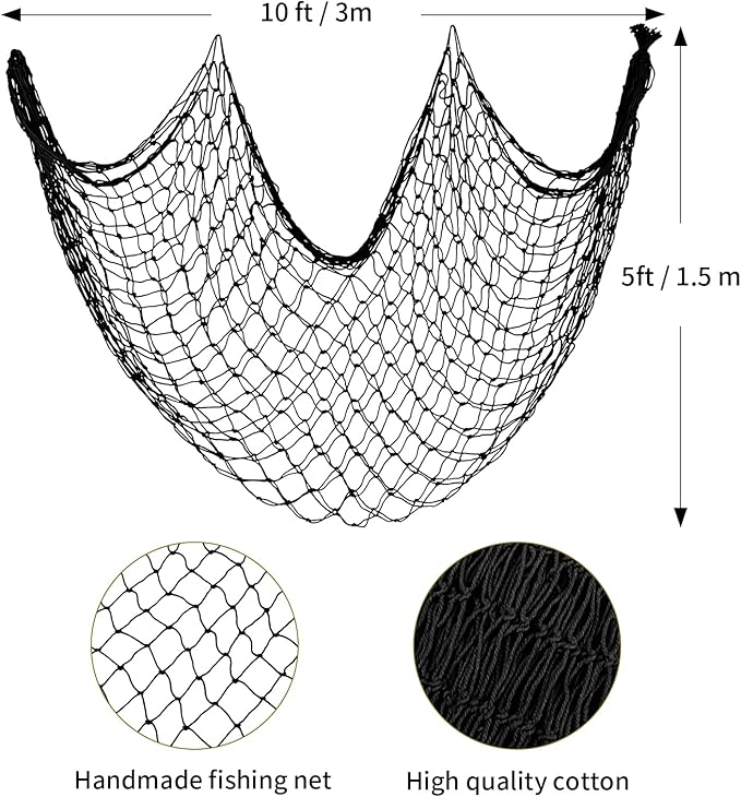 ZUEXT Decorative Fishing Net 5x10 ft, Large Black Picture Fish Net, Wall Photo Hanging Fishnet for Nautical Gothic Pirate Ocean Themed Beach Under The Sea Party Decorations, 3mm Thick Cotton Table Runner Wall Net Decor