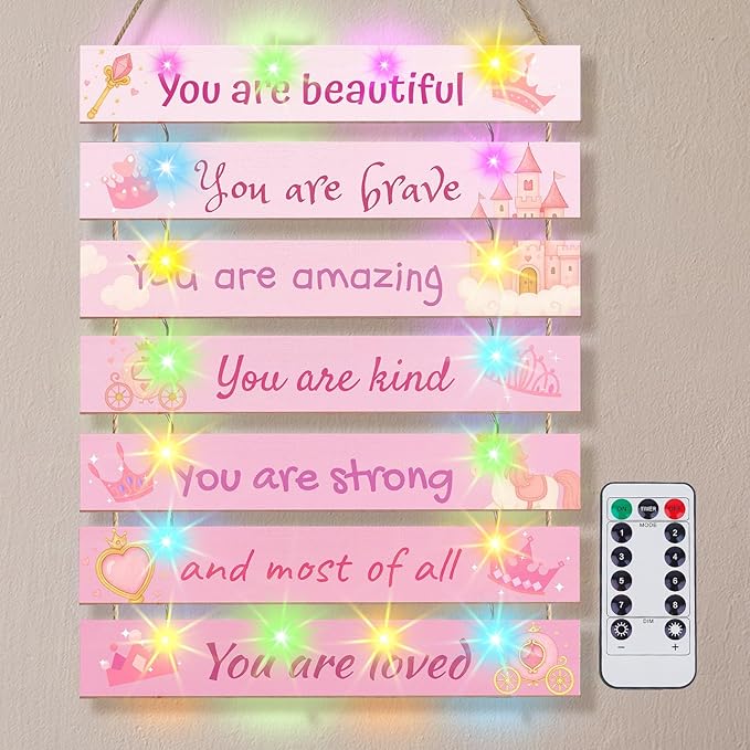 FIOBEE Girls Room Décor for Teen Girls Boys with LED Light Wall Decor for Bedroom Motivational Inspirational Wall Art Girl Room Decoration for Kids Studyroom, 8 Kinds of Lights, Pink Princess