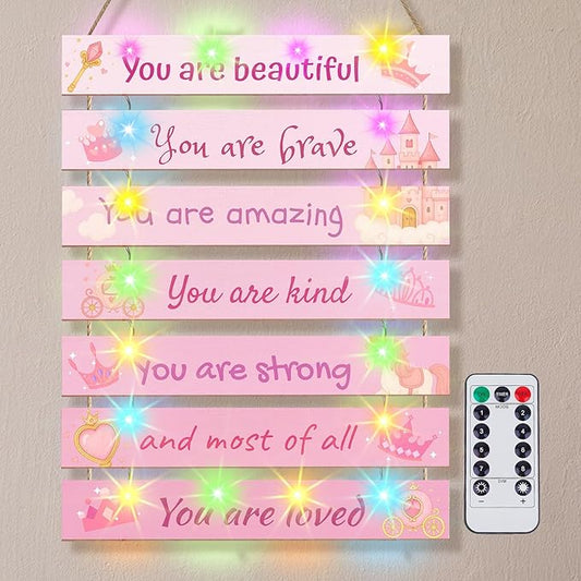 FIOBEE Girls Room Décor for Teen Girls Boys with LED Light Wall Decor for Bedroom Motivational Inspirational Wall Art Girl Room Decoration for Kids Studyroom, 8 Kinds of Lights, Pink Princess