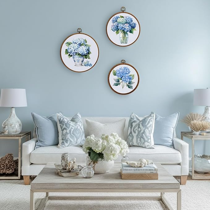Fiwochic 3 Pcs Round Hydrangea Wall Decor Boho Vintage Flowers Wall Artwork Spring Floral House Artwork Flowers Painting Canva Print Framed Art Farmhouse Nature Hanging Boho Decor for Bedroom