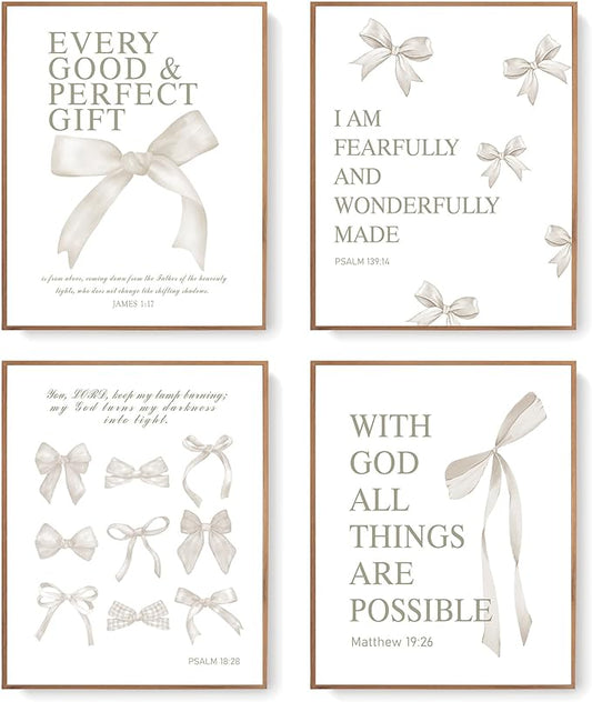 LARTSFRO Coquette Beige Bow Christian Wall Art Decor Posters, Beige Bow Christian Room Bedroom Bathroom Dorm Wall Art Decor Aesthetic for Women College Teen Girls Gifts, Inspirational Bible Verses Bow Wall Decor, 10x8 Inch Set of 4 Pcs Bow Pictures (UN...
