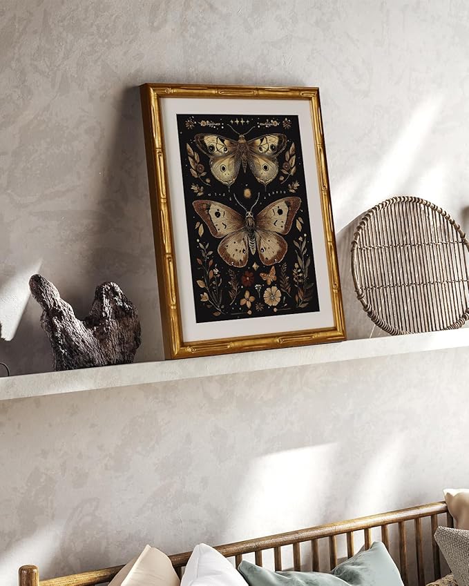 InSimSea Gold Bamboo Framed Canvas Wall Art, Retro Dark Butterfly Animal Paintings, Antique Vintage Picture Frame with Mat, Victorian Home Wall Decor for Living Room Bedroom Gallery, 11x14inch