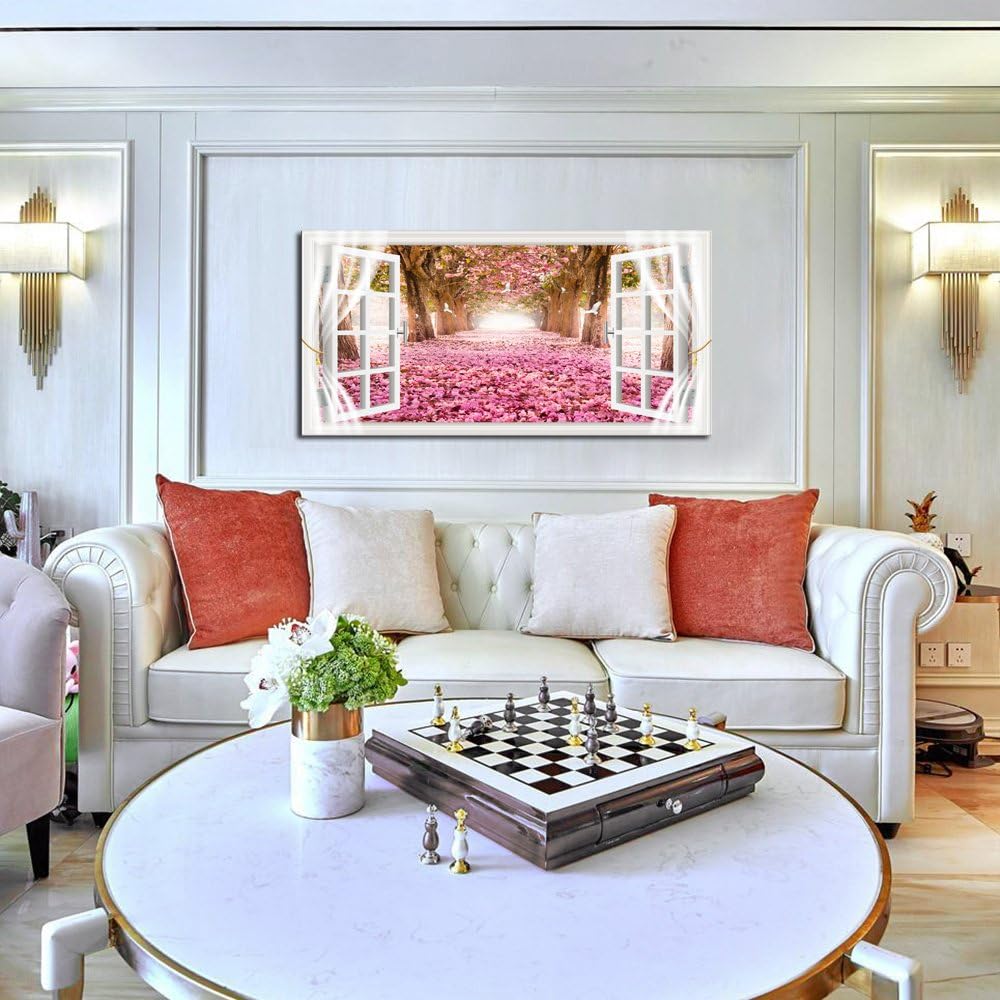 Cao Gen Decor Art-AH40150 Wall Art Trees and Pink Rose Paintings Printed Pictures Stretched and Framed Canvas Paintings Ready to Hang for Home Decorations Wall Decor