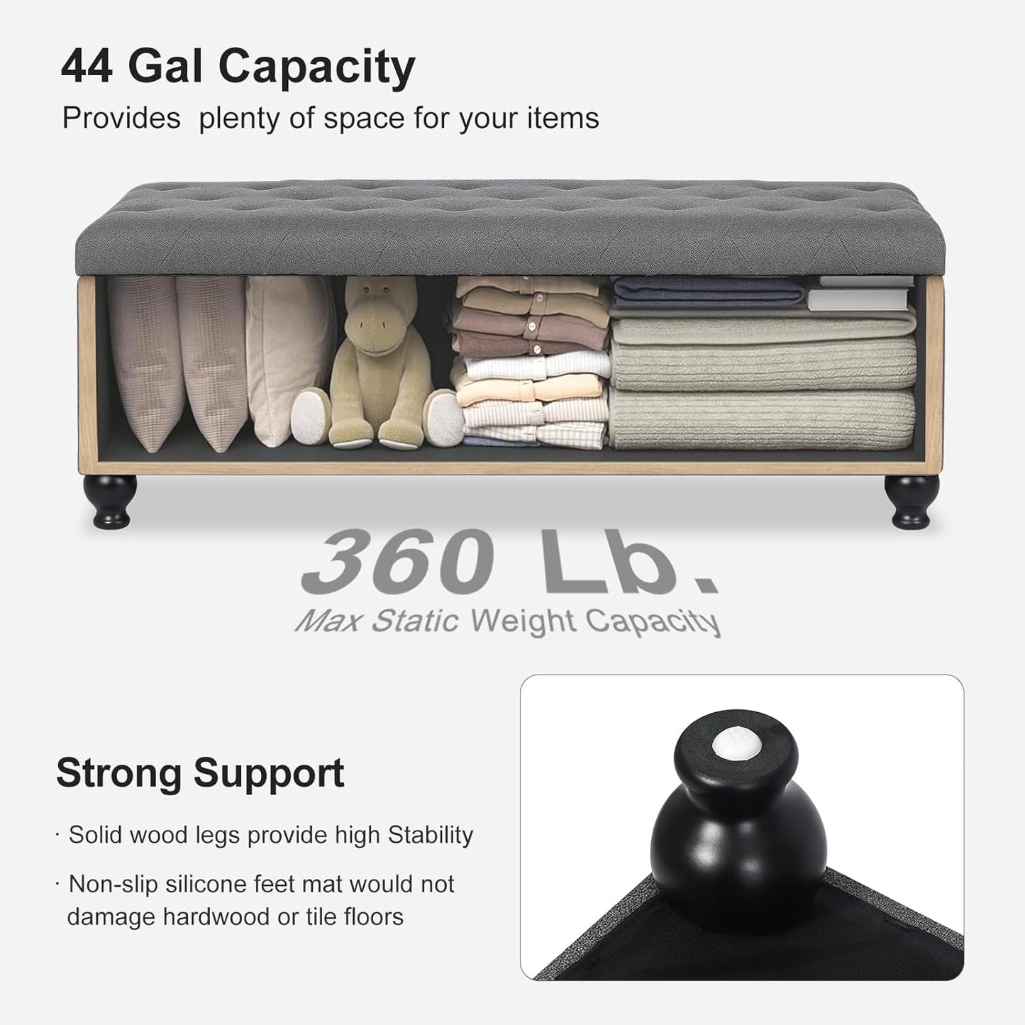 Storage Ottoman Bench 46 Inch Ottoman Bench with Storage Fabric Tufted Benches for End of Bed, Upholstered Ottomans Benches King Size with Hinged Lid for Living Room Bedroom Grey