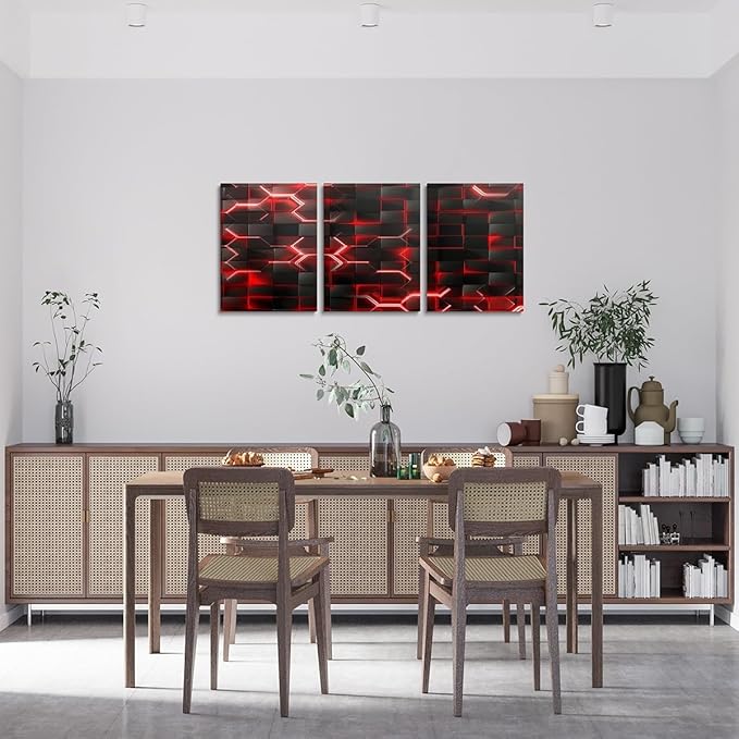 Feelyou Red and Black Picture Wall Decor 12"x16" 3 Piece Honeycomb Canvas Wall Art Decor Hexagon Theme Office Decorations Artwork Posters Geometrical Beehive Painting