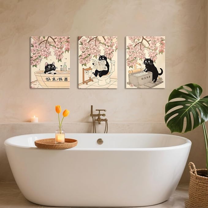 Funny Japanese Bathroom Wall Art Set of 3, Whimsical Black Cat Bathroom Wall Decor Painting Cute Japan Animal on Toilet Reading Poster Canvas Prints 16x24 inch Framed