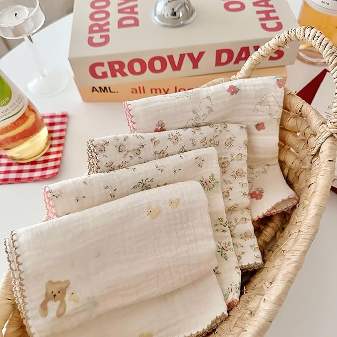 BuLuTu 4 Pack Sweet Floral Kitchen Dishcloths Dish Towels Reusable Cleaning Cloths Cotton Muslin Tea Towel, Super Absorbent Multi-Purpose Wash Clothes Hand Towels, 11x11 Inches