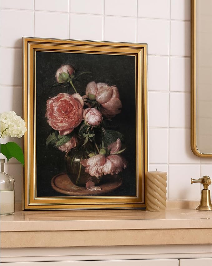 ARPEOTCY Gold Framed Canvas Wall Art, 12x16inch, Peonies FLoral Flower Art Prints, Vintage Rustic Decor for Kitchen Bedroom Bathroom Office Shelf, Retro Country Moody Decor,Small
