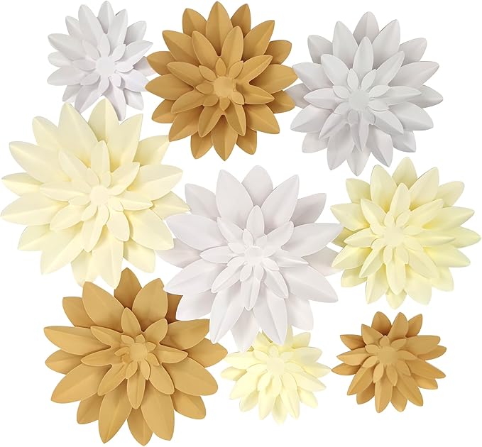 3D Paper Flower for Wall Wedding Backdrop Bridal Shower Party Centerpieces Home Wall Decor Pack of 9 (White & Beige)